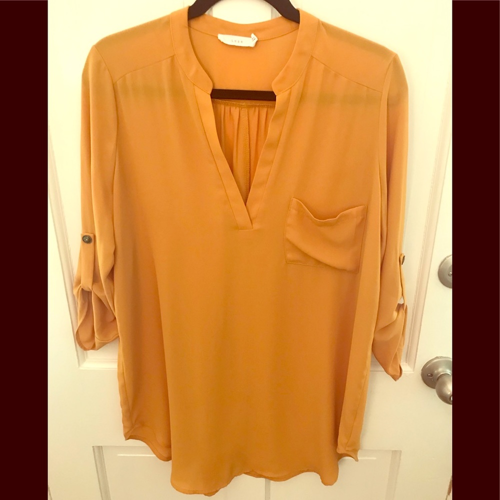 Tunic, silky, very flowy mustard gold. Tab sleeve.